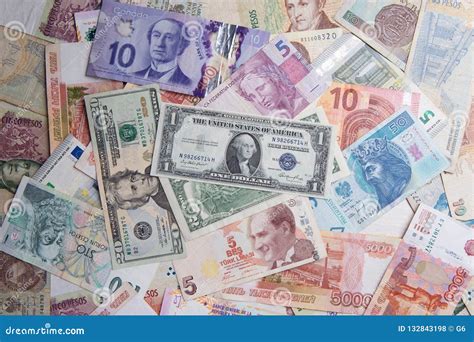 Collection Of Various World Currency Money Banknote Bills Stock Photo