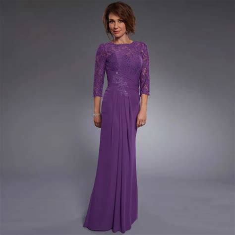 34 Lace Sleeve Purple Mother Dresses Modest Long Chiffon Scoop Neck