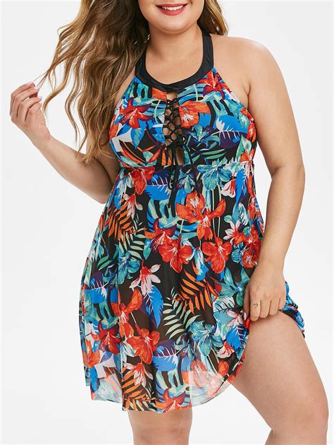Plus Size Floral Leaf Lattice Skirted One Piece Swimsuit [33 Off] Rosegal
