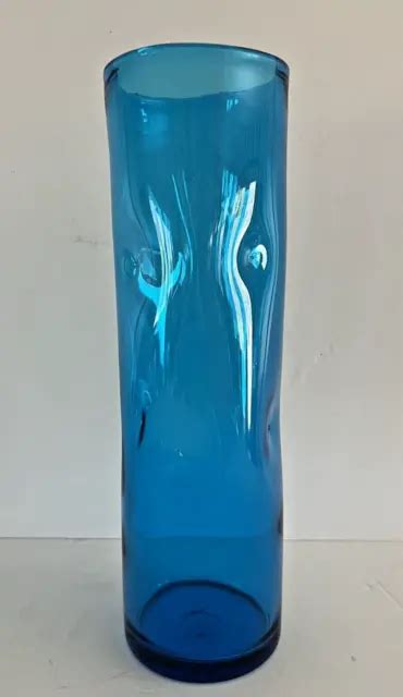 Vintage Blenko Blue Dimple Cylinder Vase Hand Blown Mcm Art Glass 49 00 Picclick