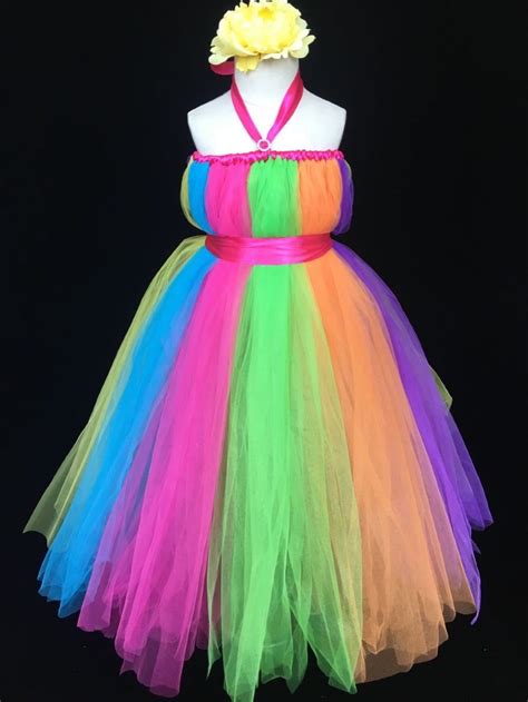 Rainbow Color Girls Tulle Long Dress Kids Fluffy Strap Tutu Dress