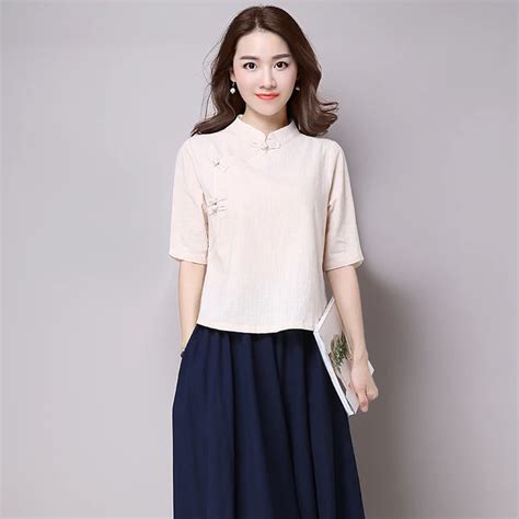 new chinese style cotton linen blouse casual loose half sleeve solid mandarin collar shirts tops