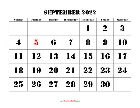 Free Download Printable September 2022 Calendar Large Font Design