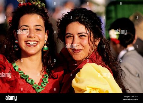Spain Andalusia Sevilla Young Andalusian Women During The Feria