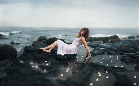 Wallpaper Sunlight Women Model Sea Rock Shore Sand Photography Beach Dress Coast