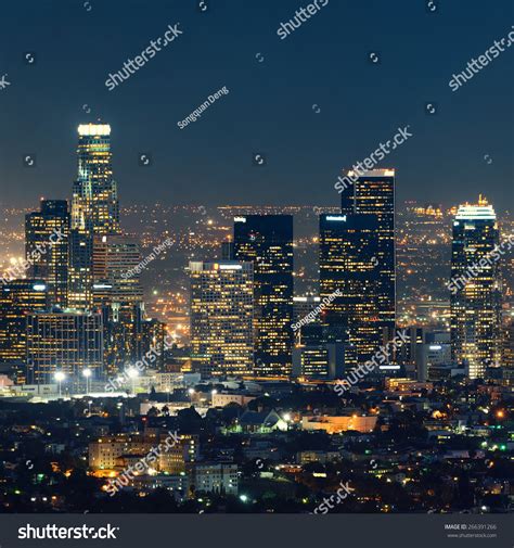 Los Angeles Downtown Buildings At Night Stock Photo