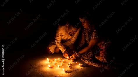 Beautiful Indian Gujarati Couple In Indian Traditional Dress Lightening
