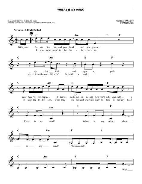 Where Is My Mind Sheet Music Pixies Easy Lead Sheet Fake Book