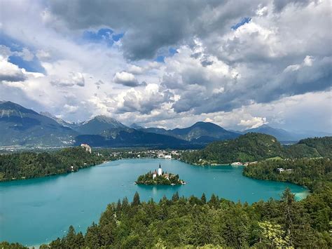 Hd Wallpaper Slovenia Bled Island Trees Mountains Sky Clouds