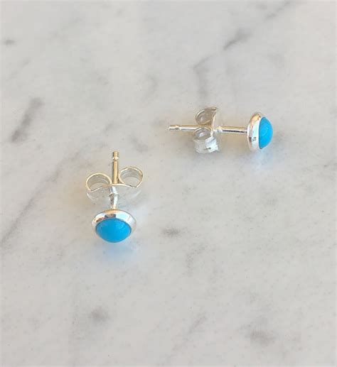 Turquoise Blue Round Stud Earrings Sterling Silver 4mm Tiny Etsy
