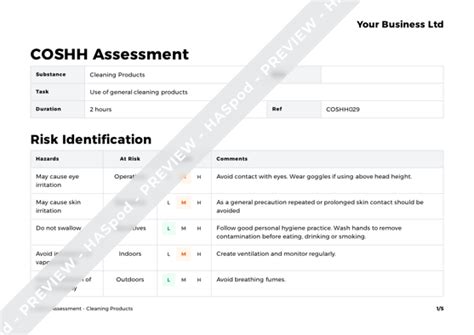 Cleaning Products Coshh Assessment Template Haspod