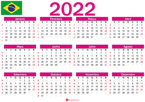 Calendário 2022 Com Feriados Para Imprimir Brasil
