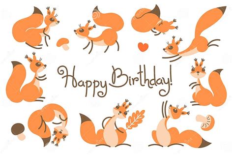 Happy Birthday Card With Cute Squirrels In A Cartoon Style Stock