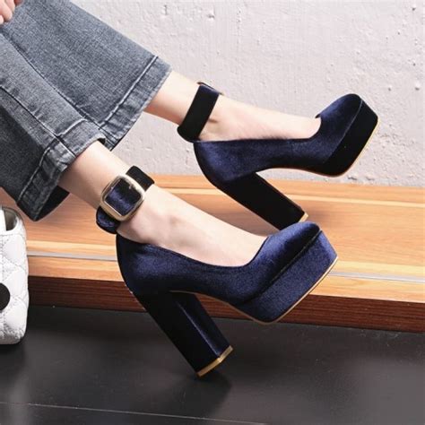 Blue Navy Velvet Chunky Platforms Sole Mary Jane Block High Heels Shoes