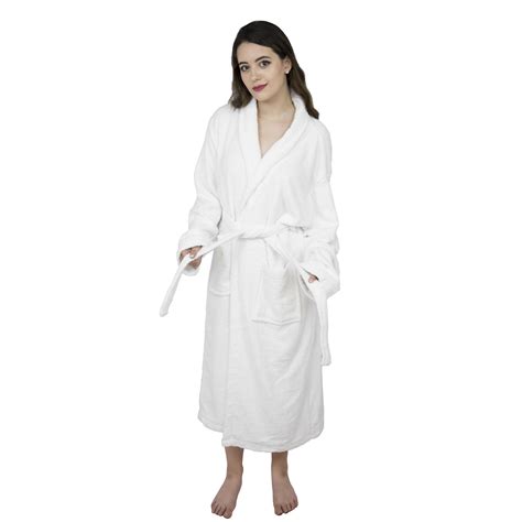 Womens Shawl Collar Terry Toweling Cotton Bathrobe Robe White