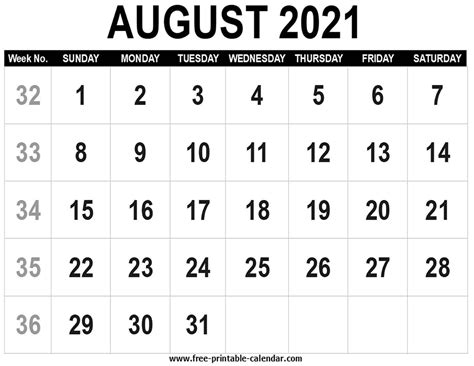August 2021 Blank Calendar Printable • Printable Blank Calendar Template