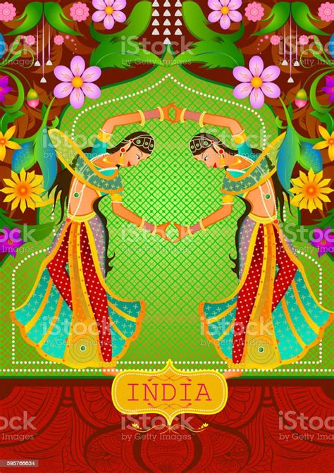 Floral Background With Dancing Indian Ladies Showing Incredible India Stock Illustration