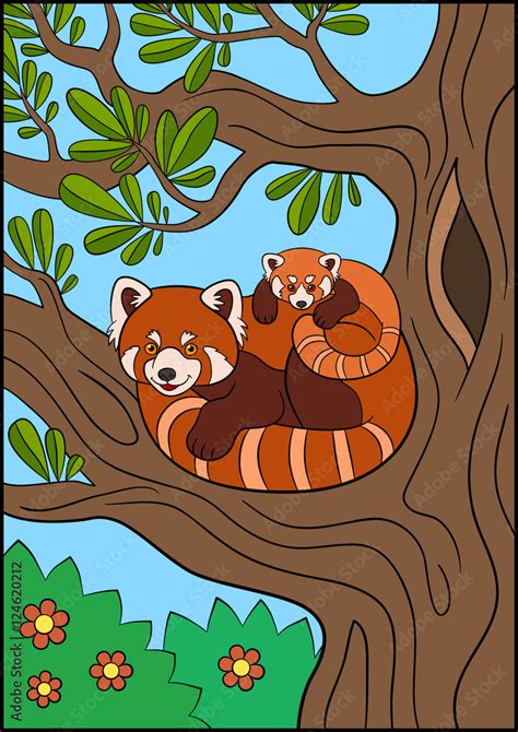 Cartoon Wild Animals Mother Red Panda With Her Cute Baby Stock Vector