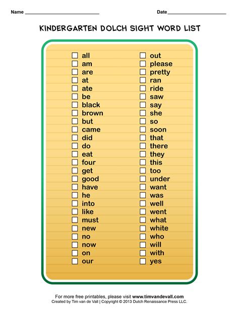 Kindergarten Dolch Sight Word List Printable