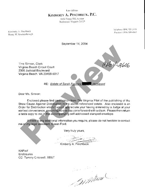Virginia Letter Regarding Distribution Of Estate Letter Of