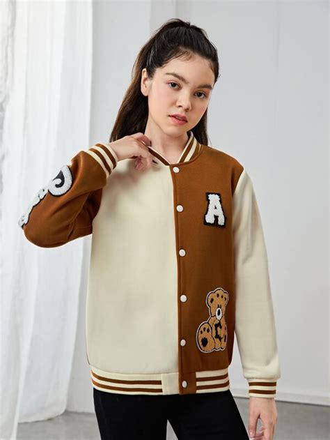 Shein Teen Girls Letter Patched Striped Trim Varsity Jacket Shein Usa