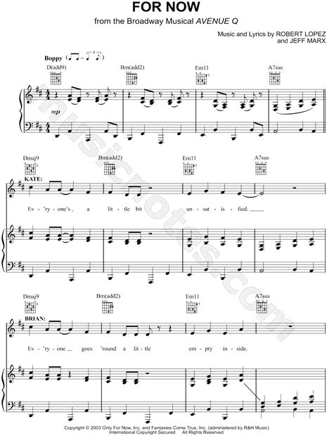 Available in landscape and portrait format. "For Now" from 'Avenue Q' Sheet Music in D Major - Download & Print - SKU: MN0108749