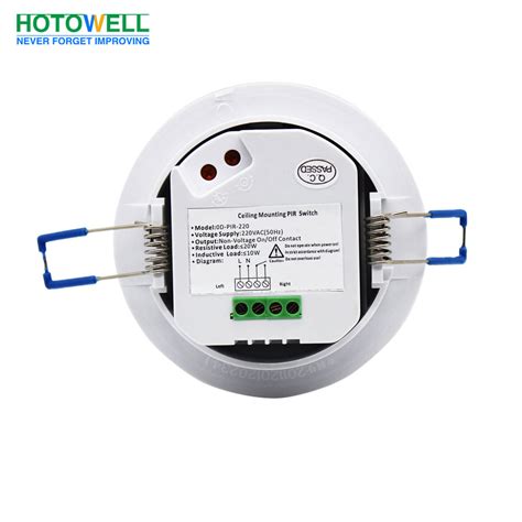 The ceiling alarm motion detector is powered by 3 aa batteries and an led indicator on the front panel. Ceiling Mounted PIR Motion Detector
