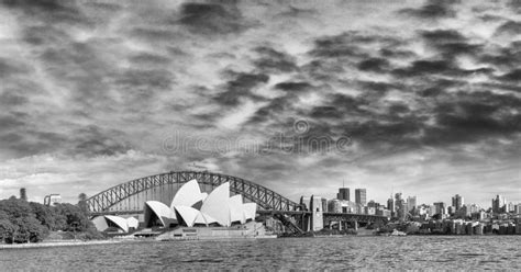 Black And White Panoramic View Of Sydney Harbour Editorial Stock Photo