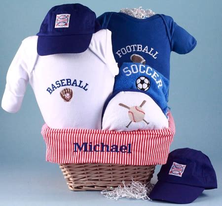 Create beautiful and practical baby shower and newborn gifts for boys that both the baby and parents will adore. All Sports Personalized Baby Gift Basket at Best Prices