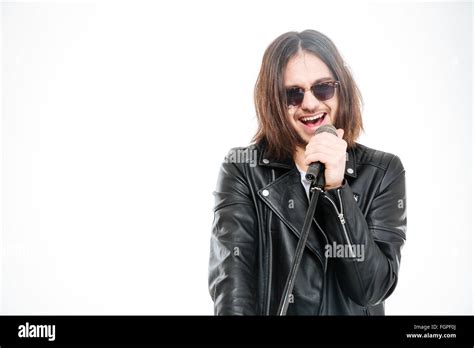 Handsome Young Rock Singer In Black Leather Jacket And Sunglasses