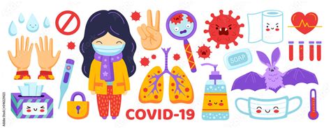 Coronavirus Flat Sticker Set Covid 19 Elements Collection Girl In