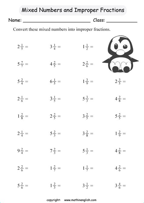 Converting Mixed Numbers To Improper Fractions Worksheet Grade 7