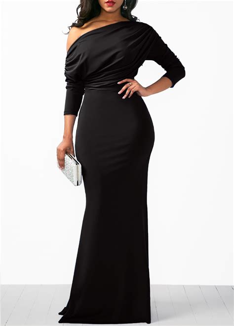 Skew Neck Three Quarter Sleeve Black Maxi Dress Usd 31