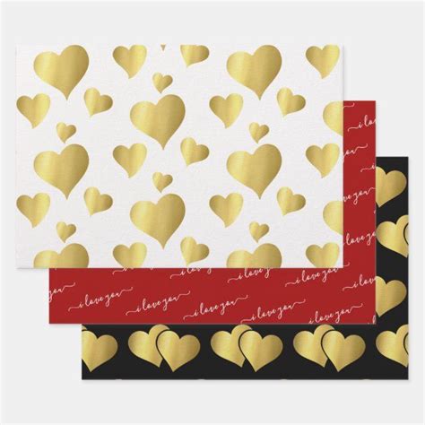 Valentines Day Faux Gold Foil I Love You Hearts Wrapping Paper Sheets