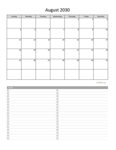 August 2030 Calendar With To Do List