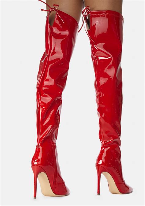 Patent Vegan Leather Thigh High Stiletto Boots Red Dolls Kill
