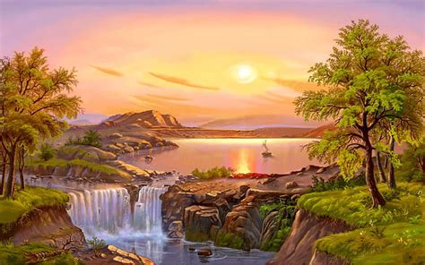 Hd Wallpaper Beautiful Landscape River Trees Waterfall Sun 09754