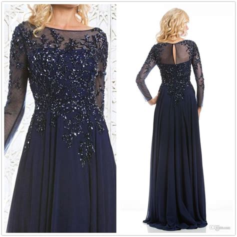 Elegant Navy Blue Mother Of The Bride Dresses Chiffon See Through Long Sleeve Clothing Shoes