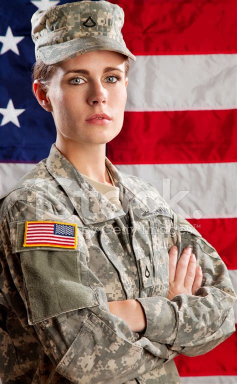 Female American Soldier Series Against Usa Flag Stock Photo Royalty