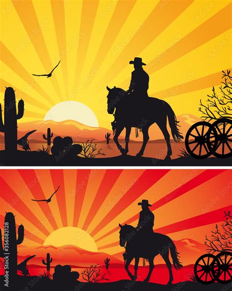 Cowboy Riding Horse Against Sunset Background Wild West Silhouette