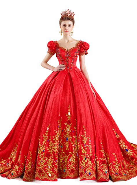 Red Ball Gown Lace Puff Sleeve Gold Appliuqes Wedding Dress With