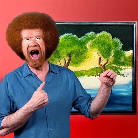 Angry Bob Ross Shouting At A Painting Real Photo Stable Diffusion