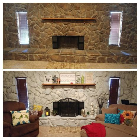 Whitewash is nothing more than white paint that is thinned down so that it has a watery consistency. Whitewash stone fireplace before/after | Whitewash stone ...