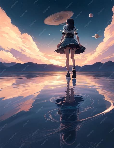 Premium Photo Anime Girl Walking On Water Ripples Backdrop Of Dawn