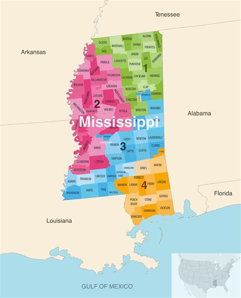 Mississippi State Counties Colored By Congressional Districts Vector