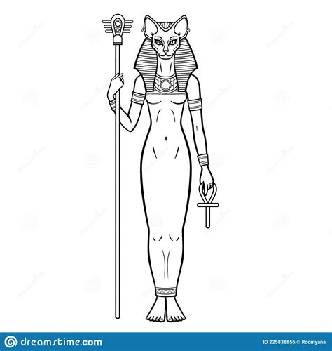 Animation Portrait Ancient Egyptian Goddess Bastet Bast Holds Symbols Of Power Staff And Cross