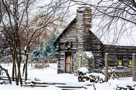 Winter Christmas Scene With A Log Cabin Stock Image Colourbox