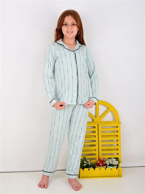 Turkuaz Gömlek Yaka Baskılı Uzun Kollu Kız Çocuk Pijama Takımı W3k031z4 Cuf Lc Waikiki