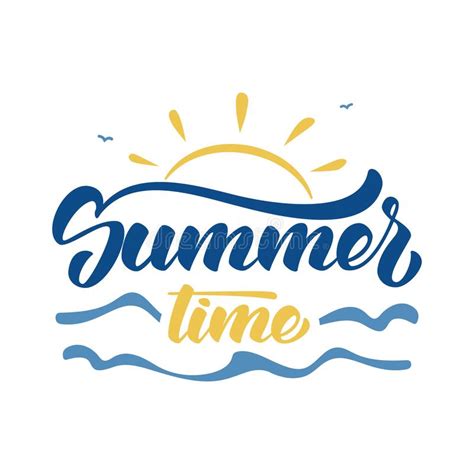 Brush Lettering Composition Of Summer Time With Sun Waves And Birds On