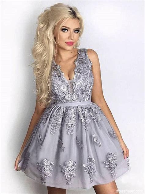 Cute A Line V Neck Backless Lace Grey Short Homecoming Dresses Formal